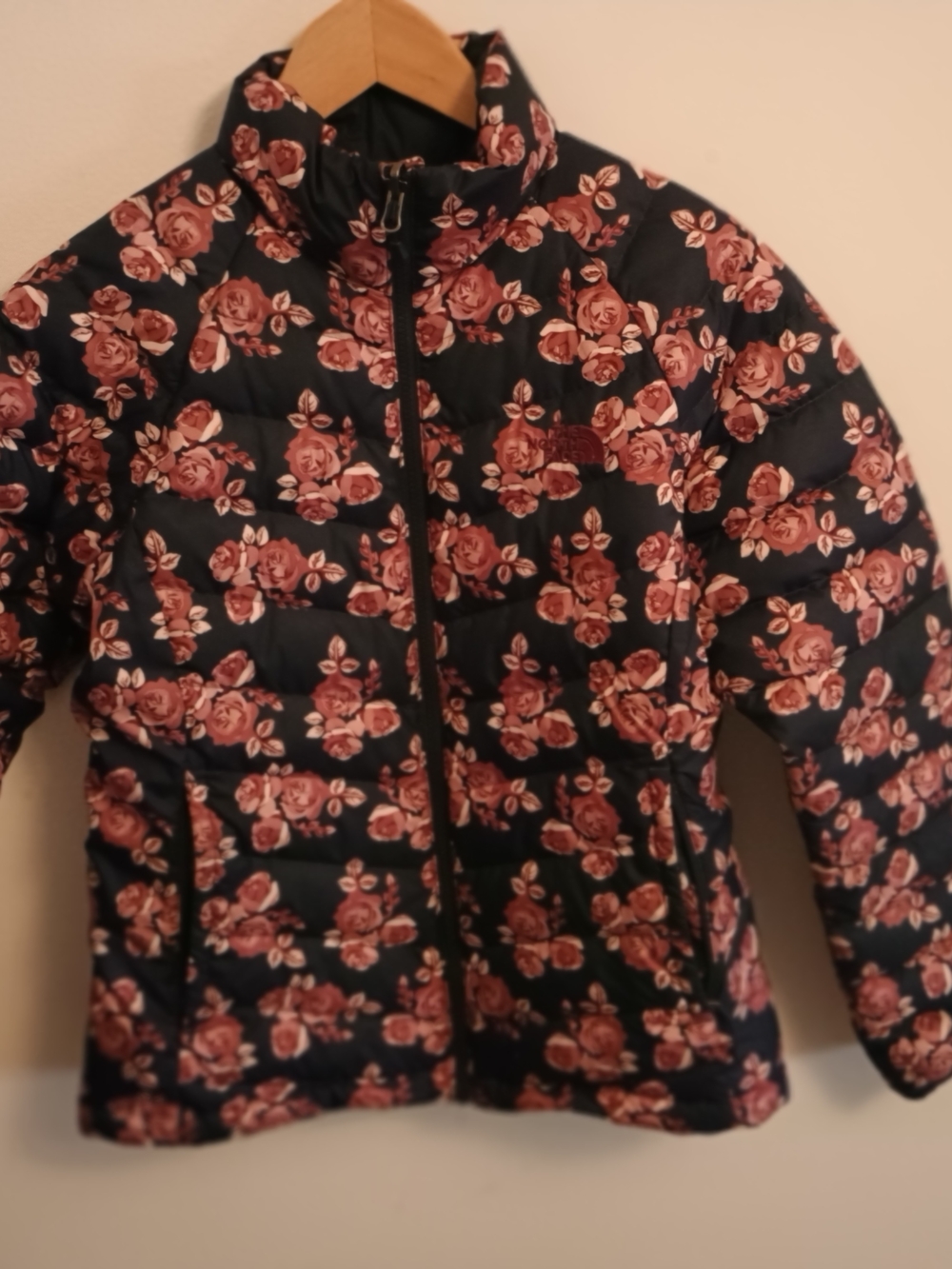 The North Face Navy Floral Puffer Jacket with Pink Rose Print Medium